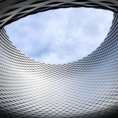 low angle view of the messeplatz under a cloudy sky in basel in switzerland